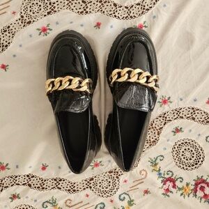 Black Patent Loafers with Gold Chain